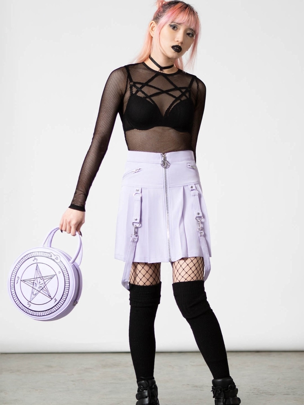 Killstar Lilac Pleated Mini Skirt with Hardware Straps